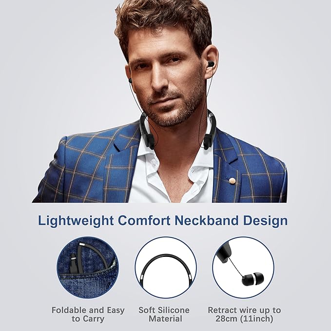 AMORNO Foldable Bluetooth Neckband Headphones, Wireless Sports Headset with Retractable Earbuds, Sweatproof Noise Cancelling Stereo Earphones with Built-in Mic for Running, Workout (Deep Black)