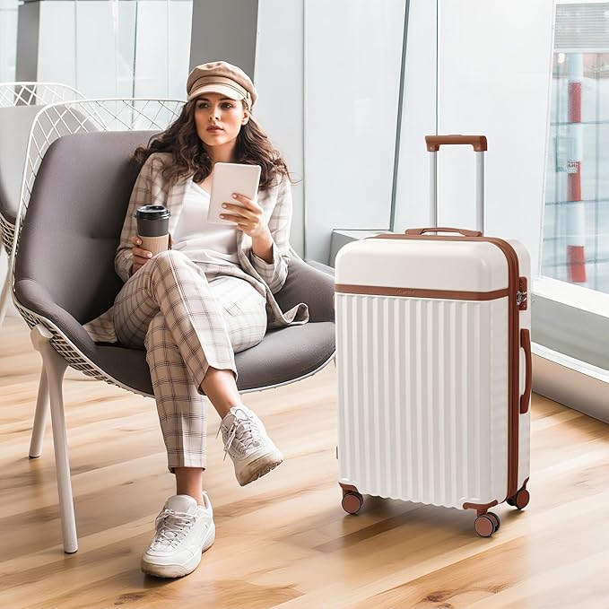 Merax Luggage Sets 3 Piece, Durable Hardshell Suitcase with Double Spinner Wheels and Handle Bags,Lightweight Carry on Luggage with TSA Lock,20+24+28,White and Brown