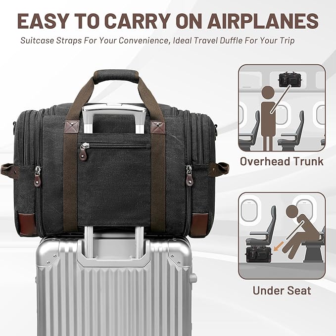 Travel Duffle Bag for Men, Duffle Bag for Travel, Heavy Duty Canvas Duffle, Carryon Bags for Airplanes, Expandable Vintage Overnight Luggage Weekender Bag, Waterproof Anti-tear Travel Bag