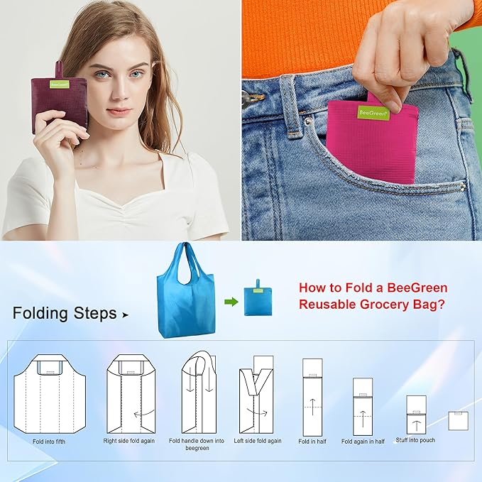 BeeGreen 6 Pack Reusable Grocery Bags, Heavy Duty Totes for Women, Foldable Grocery Bag Large Shopping Totes with Handles for Work, Travel, Gift, Store, Polyester Washable Reusable Tote Bag