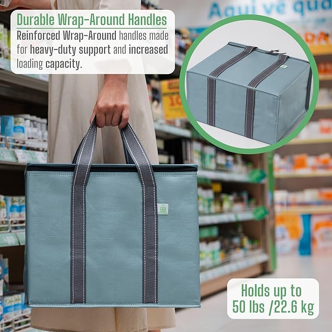 VENO 2 Pack Cooler Bag and Insulated Grocery Bags for Food Delivery, Collapsible Cooler. Reusable Shopping Bags for Groceries with Hard Bottom, Zippered, Foldable, Heavy-Duty (Light Blue, 2 Pack)