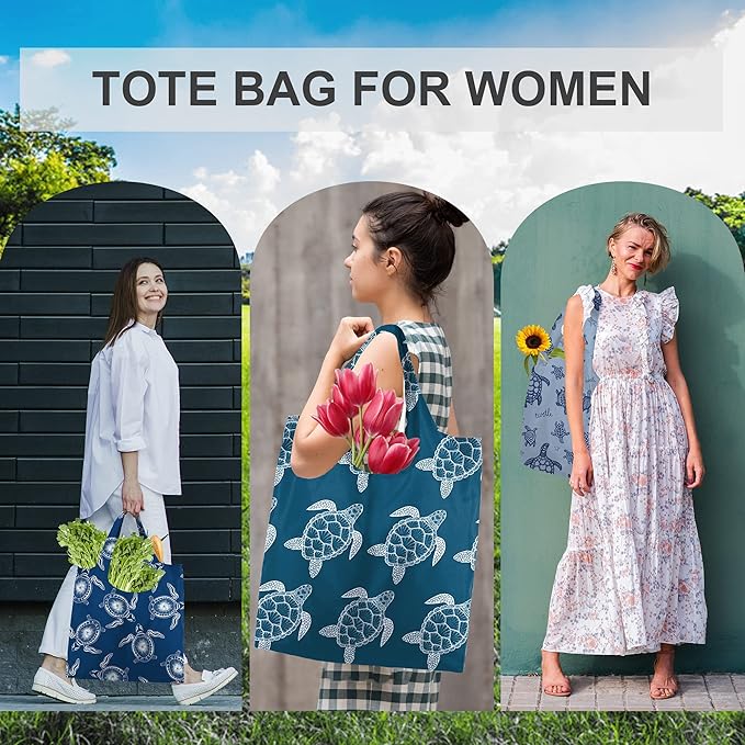 BeeGreen Sea Turtle Reusable Grocery Bags Large Tote Bag With Handles, Bulk Gift Foldable Shopping Bags for Women 6 Pack, Cute Cloth Bag, Heavy Duty, Washable For Beach, Holiday, Travel And Groceries