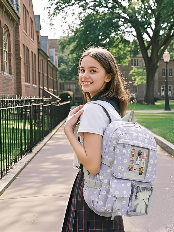 Kawaii Backpack for Teen Girls, Cute Aesthetic High Middle School College Bookbag with Accessories, Grey Flower