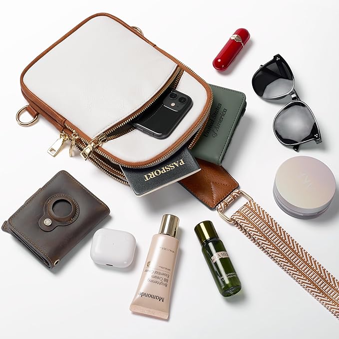 Yarnic Anti Theft Small Sling Bag for Women Men, RFID Cross body Purses Vegan Pu Leather Chest Bag with Adjustable Strap Handbag for Travel Work (White+Brown)