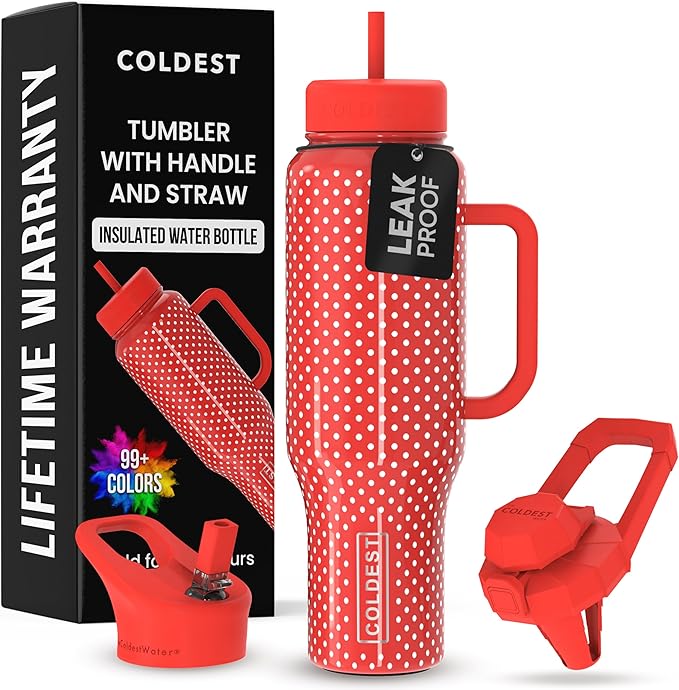 Coldest Tumbler with Handle and Straw - 100% Leak Proof Insulated Tumbler with Lid and Straw (3 Lids) - Stainless Steel Tumblers for Women & Men - Cup Holder Friendly Base, 46 oz (Red Dress)