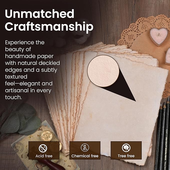 LEATHER VILLAGE Watercolor Paper - 7.5 X 11 inches, 50 Sheets - Mixed Media Watercolor Paper - 150 GSM Thick Deckle Edge Virgin Cotton Handmade Paper - Vintage Toned