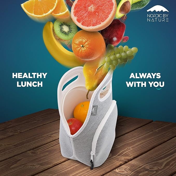 Nordic By Nature Insulated Neoprene Lunch Bag, Soft & Foldable Washable & Reusable Extra-Pocket (M) Light Gray