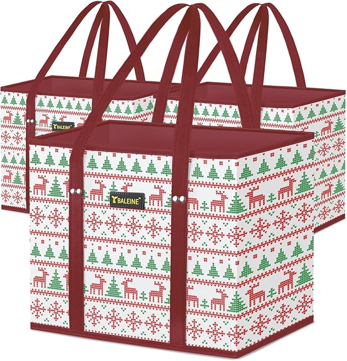 BALEINE 3Pk Reusable Grocery Bags, Foldable Shopping Bags for Groceries with Reinforced Bottom & Handles (Reindeers)