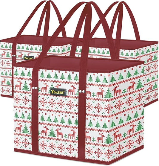 BALEINE 3Pk Reusable Grocery Bags, Foldable Shopping Bags for Groceries with Reinforced Bottom & Handles (Reindeers)