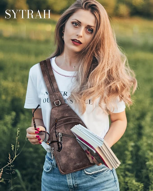Sling Bag for Women, Crossbody Bags for Women Trendy Crossbody purse Vegan Leather Sling Backpack Chest Bag with Dual Purpose Strap, Mocha Cofee