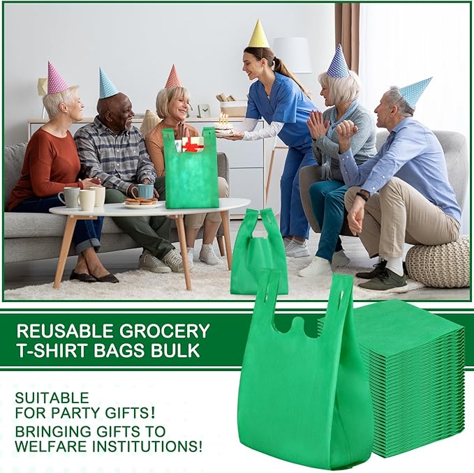 Windyun Large Grocery T-shirt Bags Bulk Reusable Non Woven Shopping Bag Foldable Gift Tote with Handle, 21x11x6 Inch