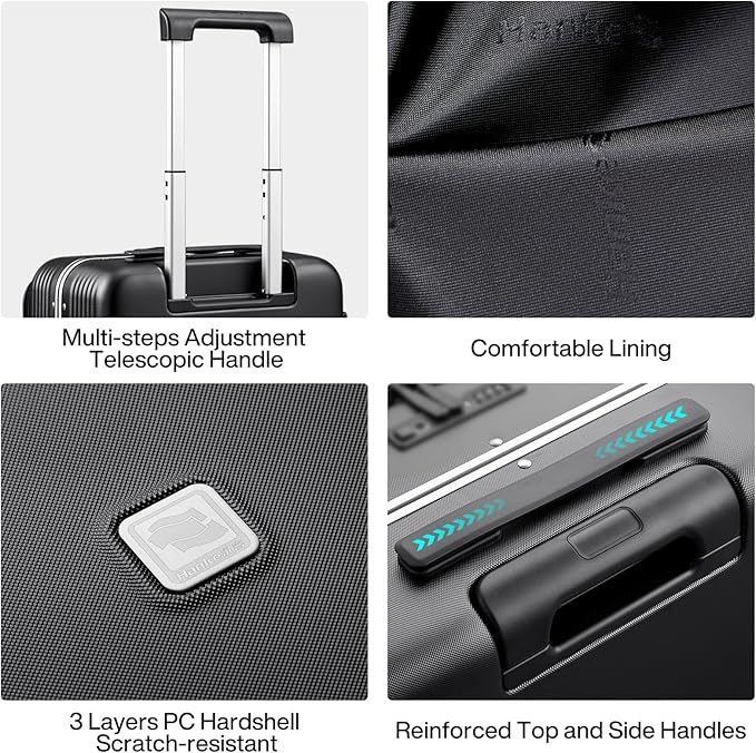 Hanke Grace Hard Shell Suitcases with Wheels,20 Inch Carry On Luggage Airline Approved with Aluminum Frame, Travel suitcase with Front Pocket Travel Luggage for Short Business Trips, Jet Black.