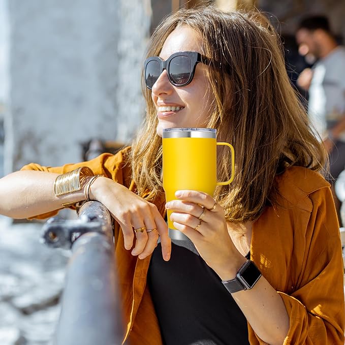 20 oz Stainless Steel Tumbler with Handle Metal Insulated Coffee Travel Mug with Handle Double Wall Tumbler Cup with Lid and Straw, Yellow 1 Pack