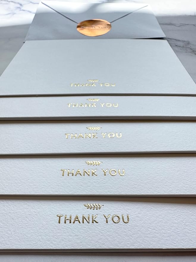 RUN2PRINT (36 Pack) Thank You Cards With Envelopes & Gift of 36 Foiled Stickers - Elegant Embossed Gold Foil Pressed Blank Notes Wedding All Occasion Cards (White)