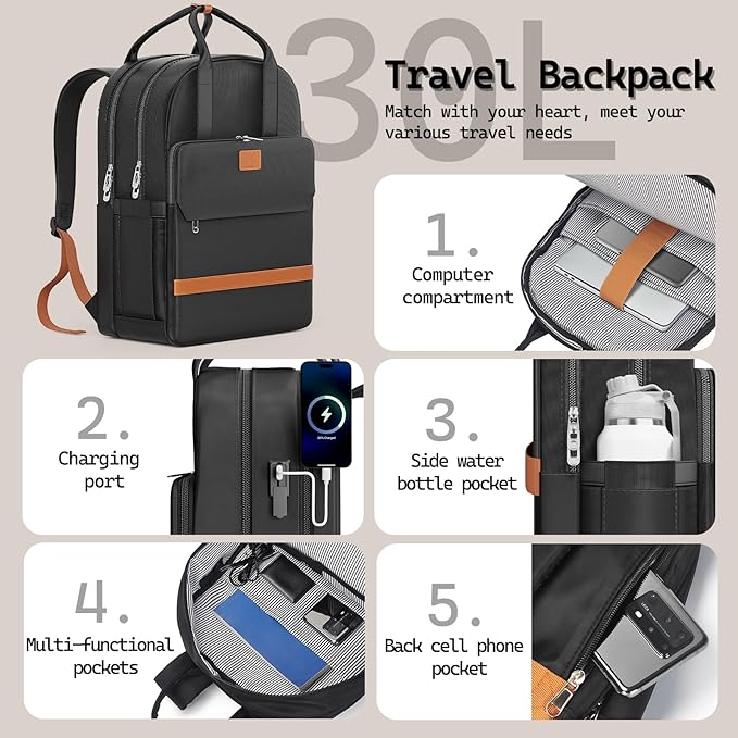 Melalenia Suitcase Sets 6 Piece Hard Shell Carry on Luggage with Spinner Wheels and TSA Lock, Lightweight Travel Backpack for Women, Men, Black Brown