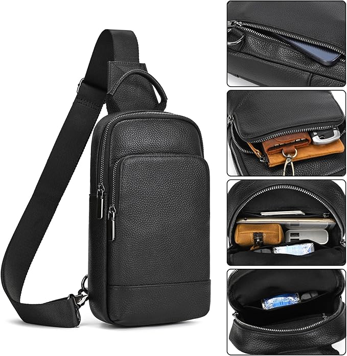 Genuine Leather Sling Bag Multi-pocket Chest Bag for Men Hiking Travel Daypack