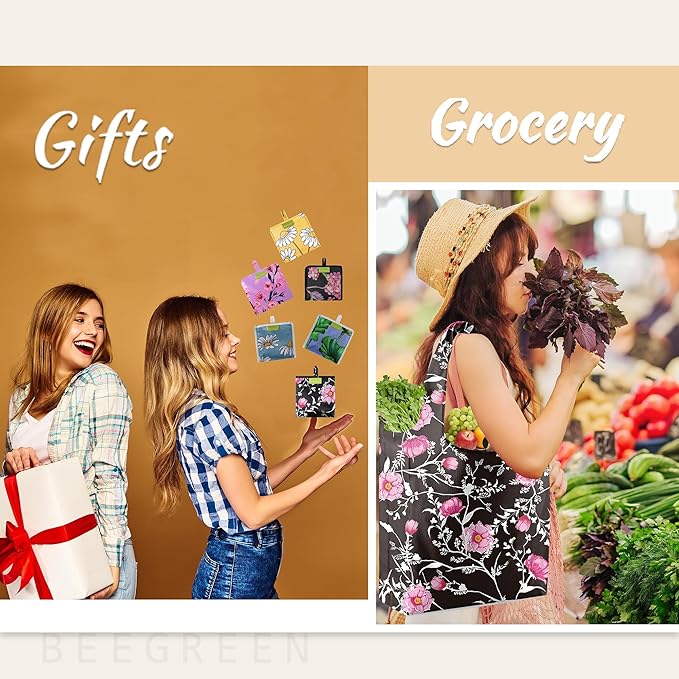 BeeGreen Floral Reusable Grocery Bags - X Large 50 LB Capacity,Foldable Tote Bag Gifts Fashionable Ripstop Polyester, Recyclable, Machine Washable Bulk Bags With Pouch - Ideal for Shopping