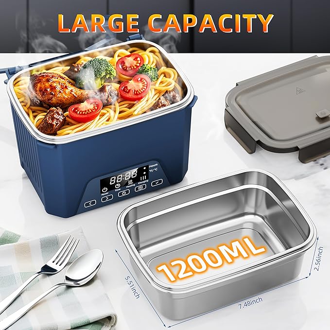 Cordless Electric Lunch Box, 1.2L Self Heating Lunch Box Battery Powered with Automatic Heating, BPA Free, Meal Prep Friendly (Blue)