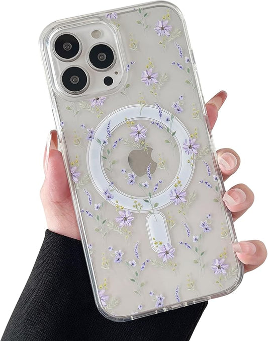 ZTOFERA for iPhone 14 Pro Magnetic Case Compatible with Magsafe,Aesthetic Floral Pattern Design Cute for Girl Women,Anti-Drop Protective Hard Phone Cover for iPhone 14 Pro-Purple Flower