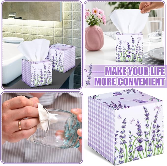12 Pack Summer Lavender Facial Tissues Cube Boxes 600 Sheets 3 Ply Small Purple Flower Floral Face Tissues Bulk for Summer Car Bedroom Supplies