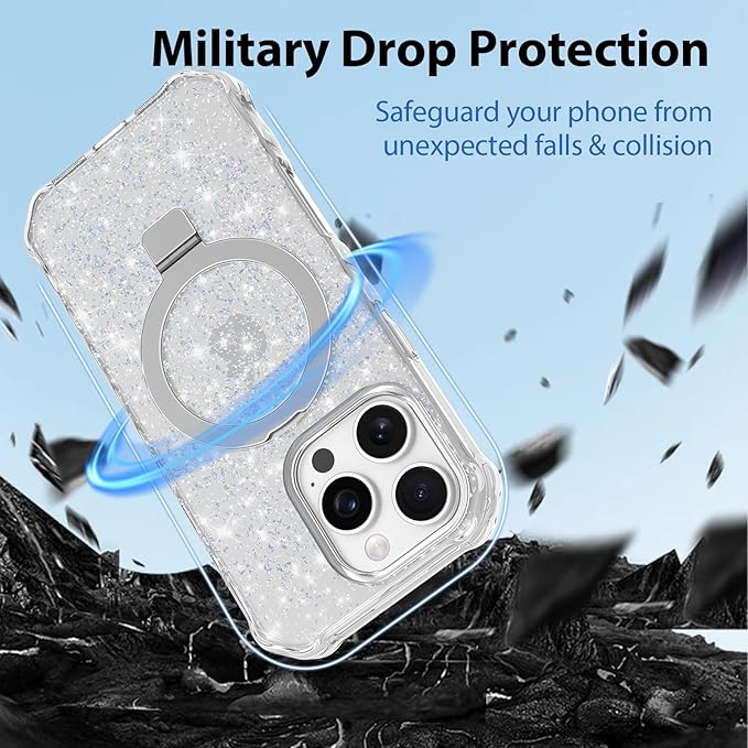 Magnetic for iPhone 16 Pro Case with Invisible Stand, Compatible with MagSafe, Clear Bling Sparkle Shockproof Slim Anti-Slip Military Drop Protection Hard Phone Case 6.1" Glitter Silver