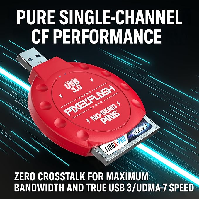 PixelFlash CF Card Reader (Red) - Compact Flash Memory Card Adapter with USB 3.0, 5GB/s File Transfer, No-Bend Pins, Supports UDMA-7, Anti-Slip & Anti-Scratch, Compatible with Most Brands & OS