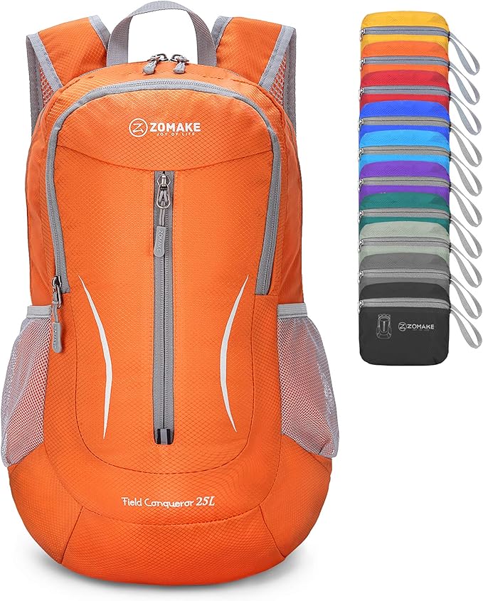 ZOMAKE Ultra Lightweight Packable Backpack 25L, Foldable Hiking Backpacks Water Resistant Small Folding Daypack for Trave(Pastel orange)