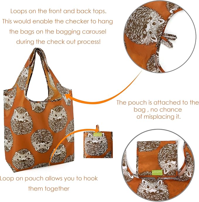 BeeGreen Animal Lover Reusable Grocery Bags | Foldable Tote Bags with Handles, Reusable Gift Bulk 6 Set for Women, Heavy Duty Washable Polyester Travel & Shopping Basket.