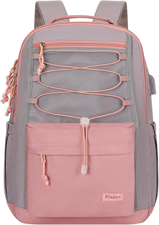 School Backpack for Teens Girls, Aesthetic College Backpack Large Bookbag for Women Students Fashion 15.6 Inch Laptop Bag for Work Travel (Pink & Grey)