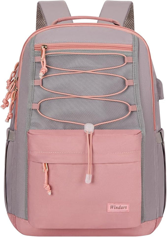 School Backpack for Teens Girls, Aesthetic College Backpack Large Bookbag for Women Students Fashion 15.6 Inch Laptop Bag for Work Travel (Pink & Grey)