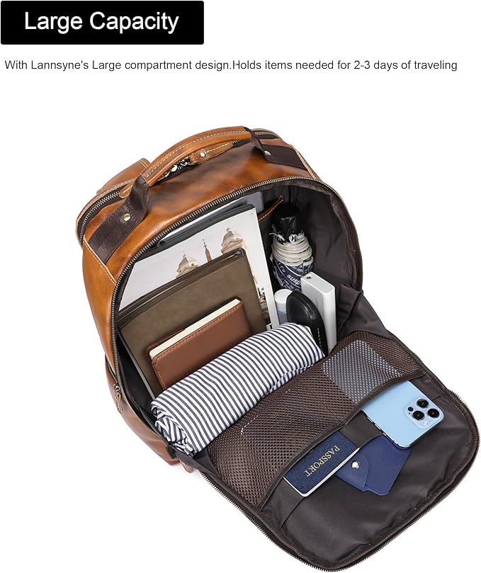 Vintage Full Grain Leather Backpack For Men, 17.3'' Laptop Bag Causal Rucksack Shoulder Bag Overnight For Business/Travel/Camping