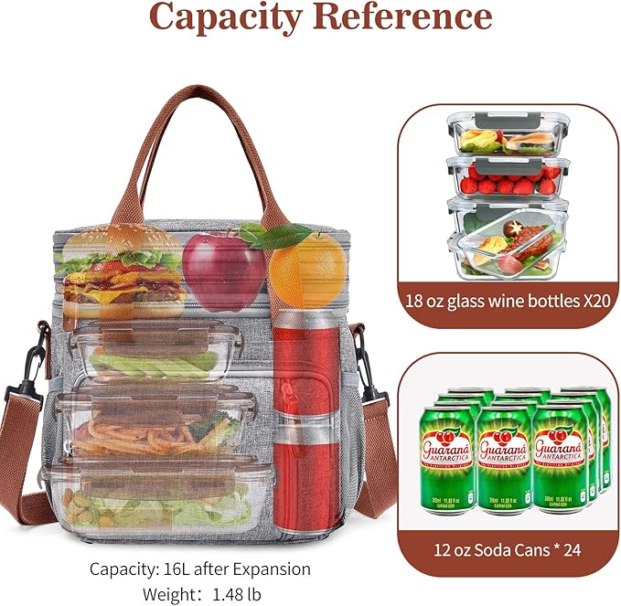 LOKASS Lunch Box for Women, 16L, Double Deck Expandable Insulated Lunch box For Adults/Women Thermal Large Waterproof Leakproof Cooler Bag with Shoulder Strap - Grey