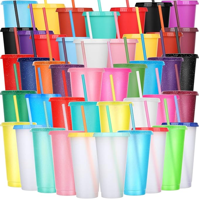 Honeydak 100 Pack Tumbler with Straw and Lid Bulk Glitter Plastic Cups Water Bottle Iced Coffee Travel Mug Reusable Party Favor Cups for Birthdays travel 24-27 oz (Shiny Color)