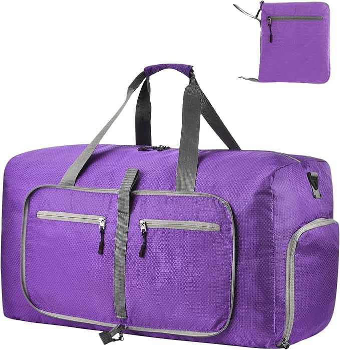 Dimayar Travel Duffle Bag for Men Women - Foldable Duffel Bag with Shoes Compartment - Overnight Bags Waterproof & Tear Resistant(65L,Purple)