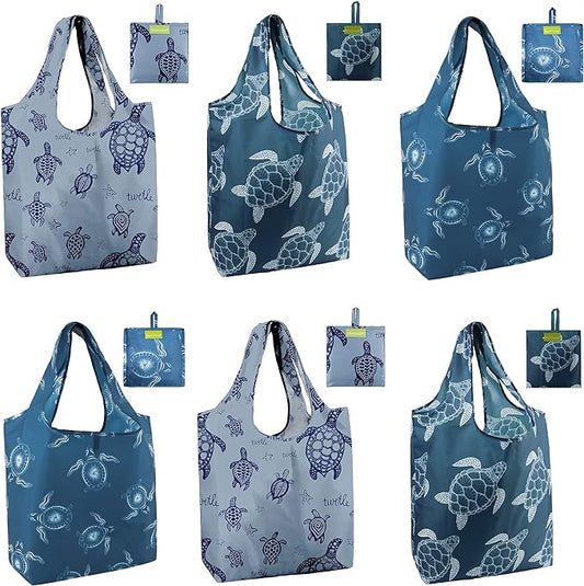 BeeGreen Sea Turtle Reusable Grocery Bags Large Tote Bag With Handles, Bulk Gift Foldable Shopping Bags for Women 6 Pack, Cute Cloth Bag, Heavy Duty, Washable For Beach, Holiday, Travel And Groceries