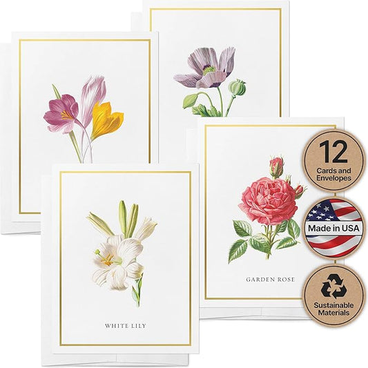 Twigs Paper - 12 Assorted Flowers Thank You Cards With Envelopes - 4 Different Design Floral Bulk Variety Greeting Card Set - Stationery Set for All Occasions - Made in USA (5.5 x 4.25, Set of 12)