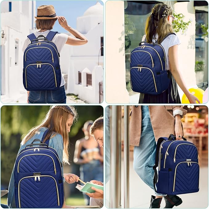 Navy Blue 15.6 Inch Laptop Backpack for Women, Stylish Water-Resistant Backpack with USB Charging Port, Anti-Theft Pockets, and Padded Laptop Compartment