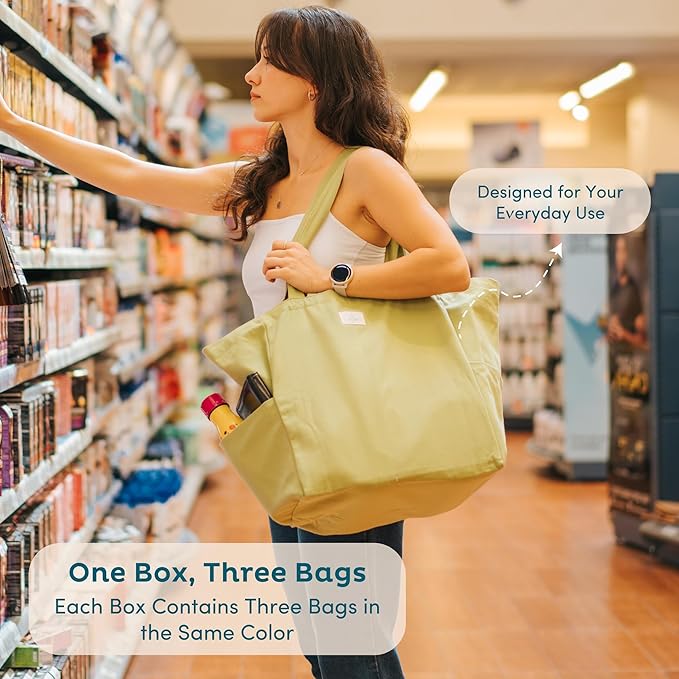 Nook Theory 3 Pcs Reusable Grocery Bags - Heavy Duty Canvas Bags, Large Reusable Shopping Bag, Picnic, 100% Cotton (Khaki)
