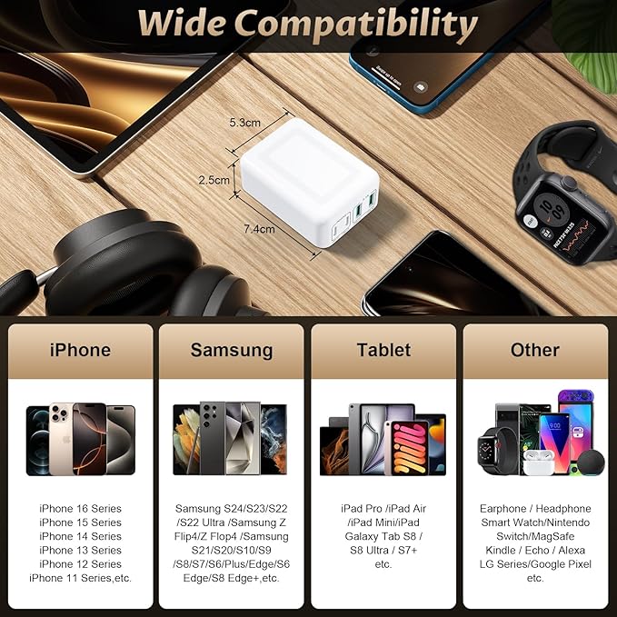 40W Flat USB C Wall Charger Foldable & Slim Fast Charging Block 4Port USB C Charger Block Cube Box Compatible with iPhone16/15 Samsung S23, Pixel, Tablets, Multiport Power Adapter Plug Brick