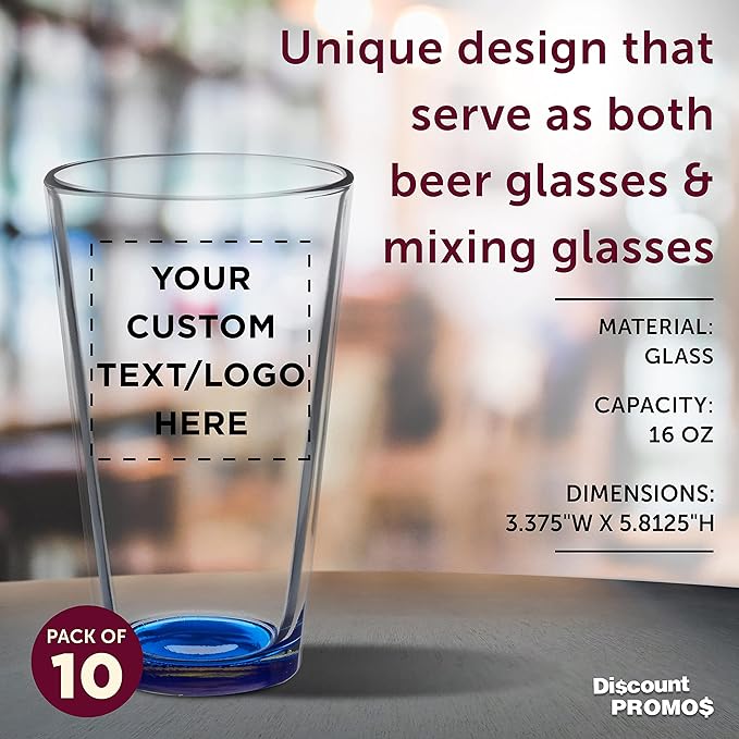 Custom Arc Pint Glass 16 oz. Set of 10, Personalized Bulk Pack - Beer Glasses, Heavy Duty Drinkware - Blue