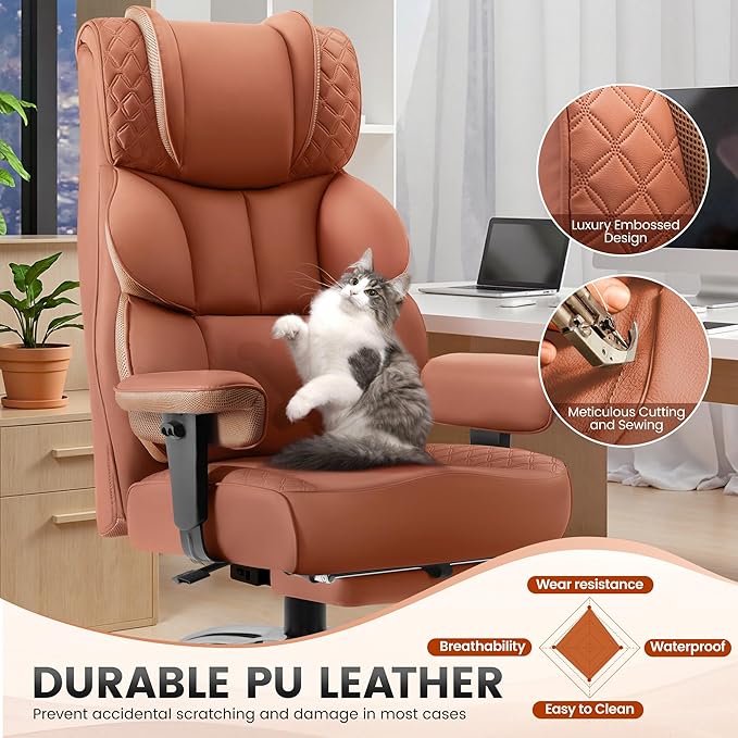 Office Desk Chair, Big and Tall Leather Gaming Chair with Footrest, Wide Ergonomic Comfy Executive High-Back Reclining Computer Chairs, Swivel Rolling Wheels and Padded Lumbar Support, Brown