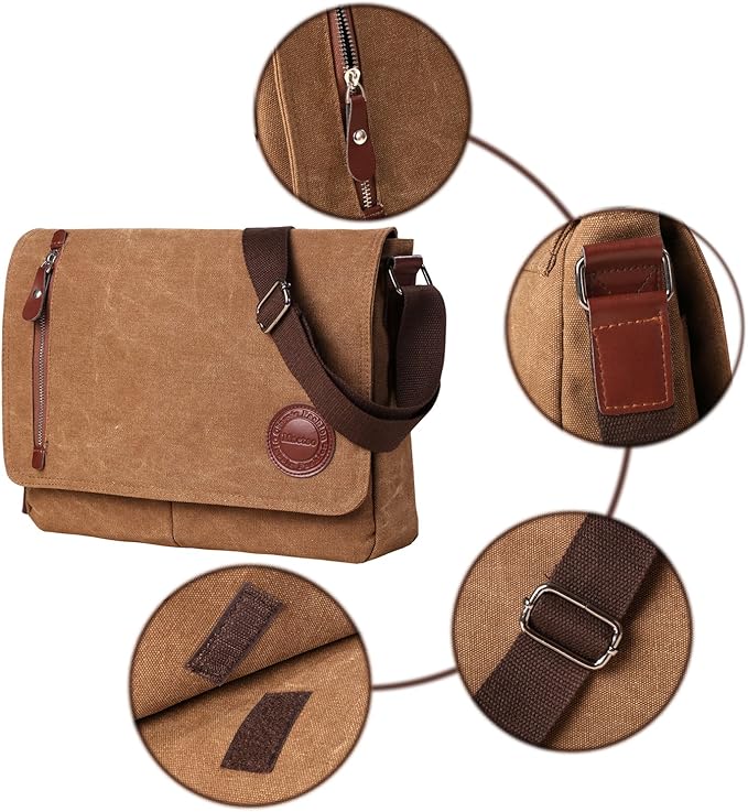 Vintage Canvas Satchel Messenger Bag for Men Women,Travel Shoulder bag 13.5" Laptop Bags Bookbag (Coffee)