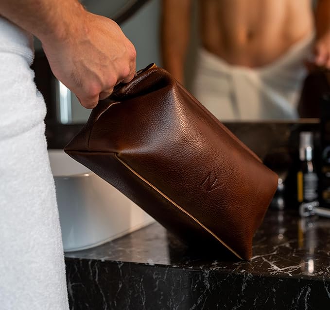 NV Holders Premium Genuine Leather Toiletry Bag for Men - The Ultimate Travel Dopp Kit and Hygiene Organizer, Perfect Men's Toiletry Travel Bag (Brown)
