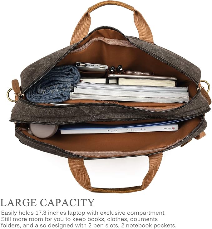 Laptop Messenger Bag Vintage Shoulder Bag Convertible Backpack Retro Briefcase Versatile Travel Bag Fits 17.3 Inch Laptop For Men Business (Waxed Canvas Brown)