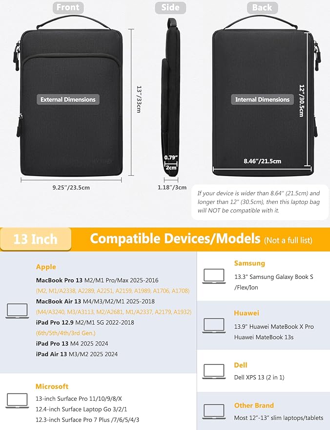 HYZUO 13 Inch Laptop Bag Sleeve for MacBook Air 13 M4 M3 M2 M1 2025-2018, MacBook Pro 13 M2 M1 2025-2016, 13" iPad Pro/Air, Surface Pro, XPS 13, Protective Case for 12"-13" Tablet, Black