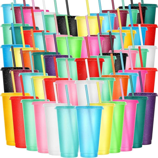 Honeydak 60 Pack Tumbler with Straw and Lid Bulk Glitter Plastic Cups Water Bottle Iced Coffee Travel Mug Reusable Party Favor Cups for Birthdays travel 24-27 oz (Assorted Color)