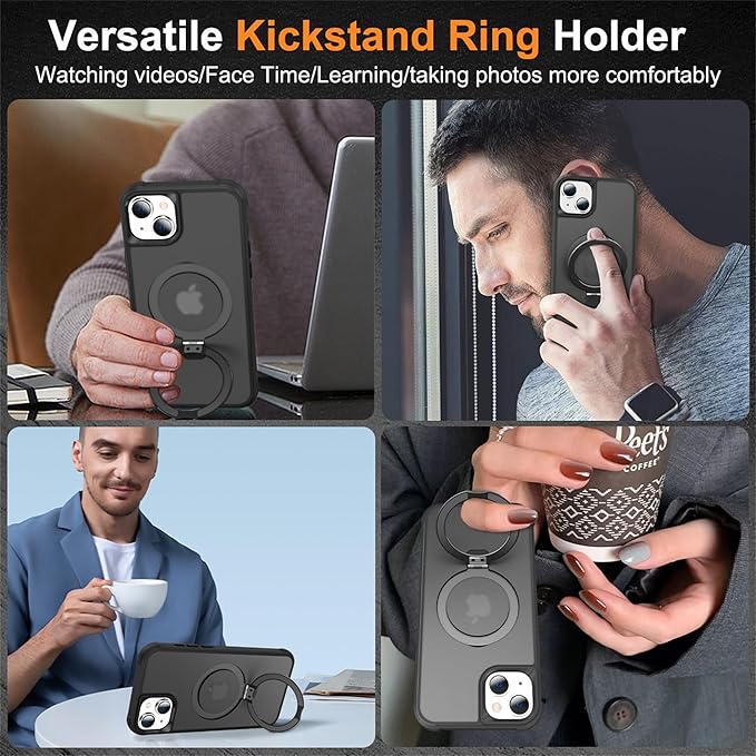 Compatible with iPhone 15 Plus Case with Invisible Magnetic O-Ring Stand Military-Grade Translucent Case for iPhone 15 Plus 6.7" [Compatible with Mag-Safe][Great Grip Feeling], Black