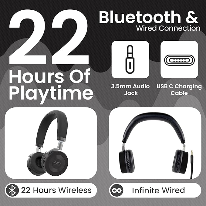 Puro Sound Labs JuniorJam Plus Volume-Limiting Wireless Bluetooth Headphones for Kids, Secure Audio with Adjustable On-Ear Design, 22-Hour Battery, Ideal for Tablets, Smartphones & PCs - Black