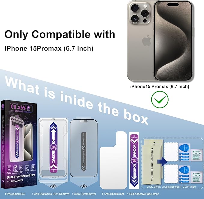 2 Pack Matte Screen Protector for iPhone 15 Pro Max 6.7-Inch Auto Dust Removal, No Bubbles, Tempered Glass Film, Easy Installation