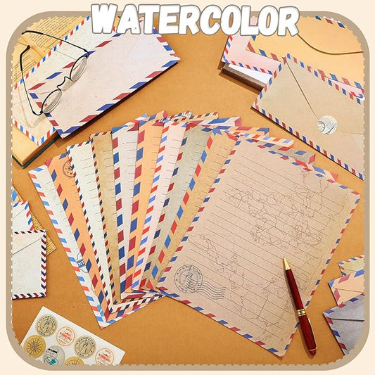 TaoBary 160 Pcs Stationery Paper Set 50 Double Sided Stationery Papers with 50 Matching Envelopes and 60 Round Dot Sticker, 10 Design(Vintage Travel,8.5 x 11 Inch)